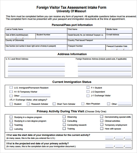 foreign visitor tax assessment intake form