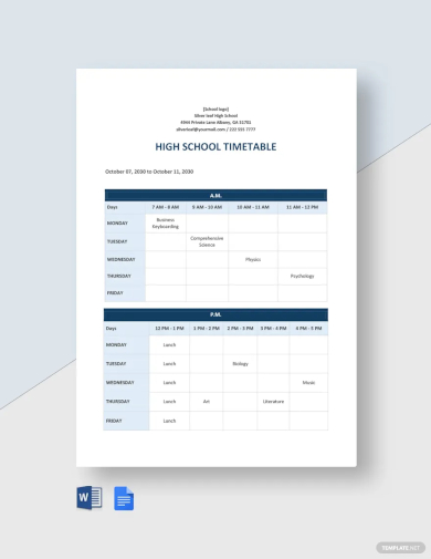 free high school timetable template