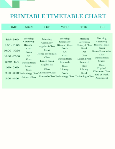 free printable timetable chart template