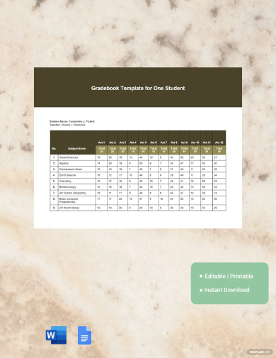 gradebook template for one student
