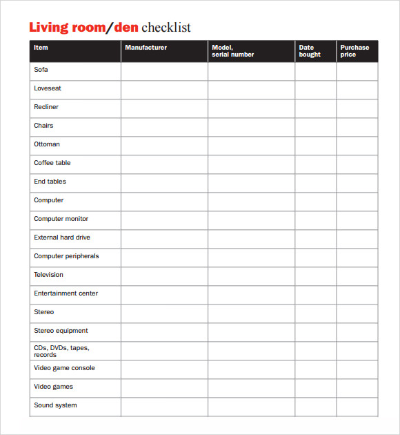 new home inventory checklist