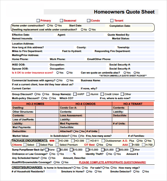 homeowners quote sheet template