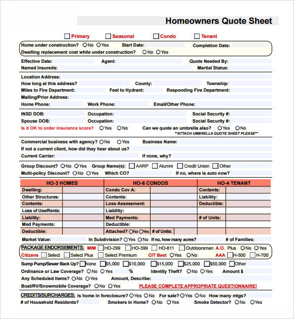 house insurance quotation 7  quote sheet template