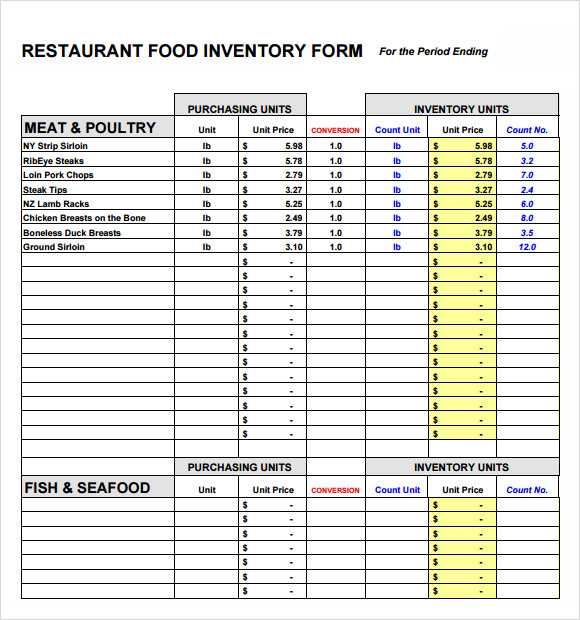 Inventory Form Restaurant 