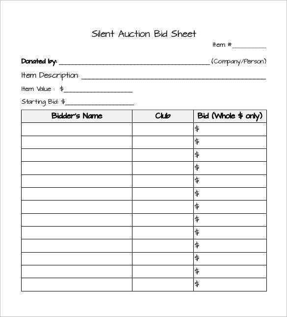 item description silent auction bid sheet