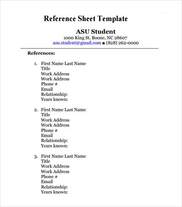 job reference sheet template