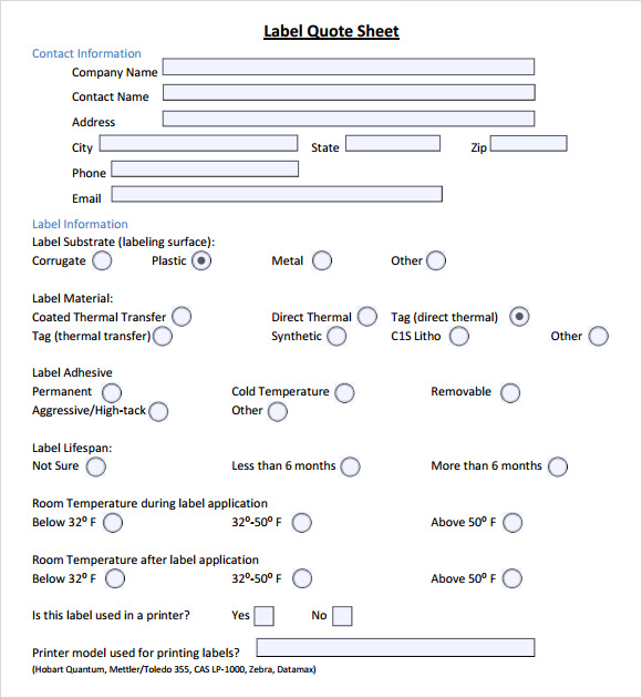 label quote sheet templates download