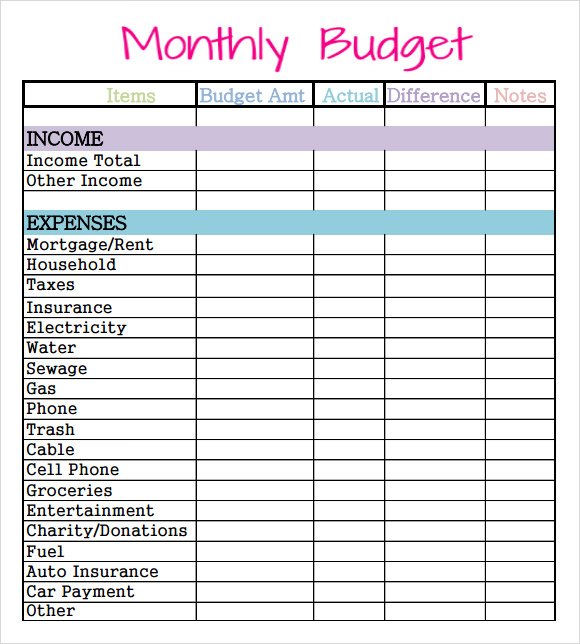 monthly expenses budget template