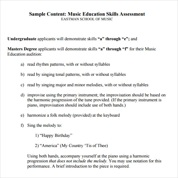 music education skills assessment template free