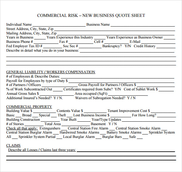 new business quote sheet