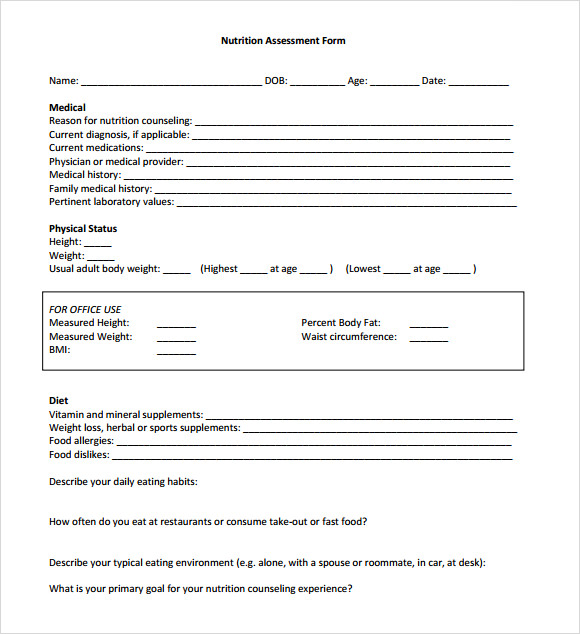 nutrition assessment template