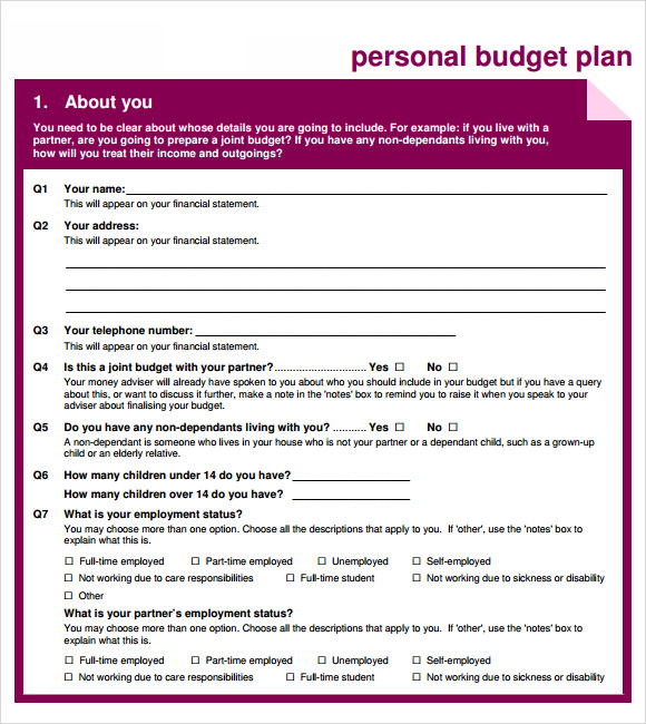 personal budget plan template