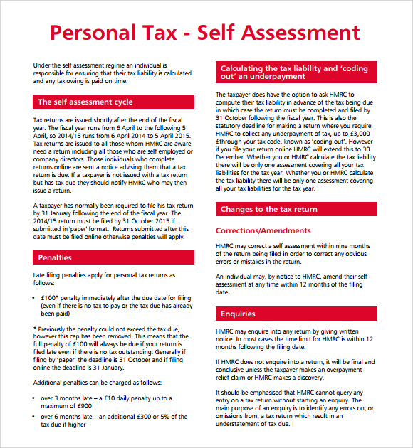 personal tax self assessment template