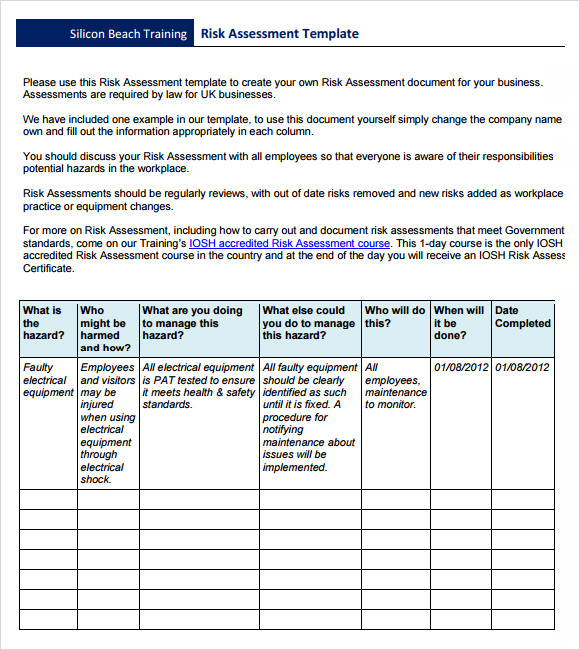 Printable Risk Assessment Forms