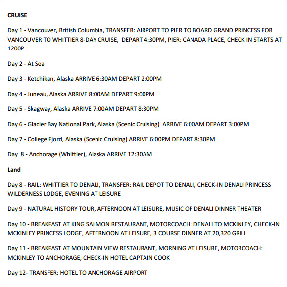 cruise itinerary example