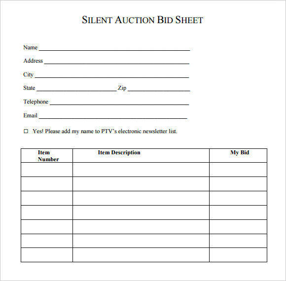 sample silent auction bid sheet