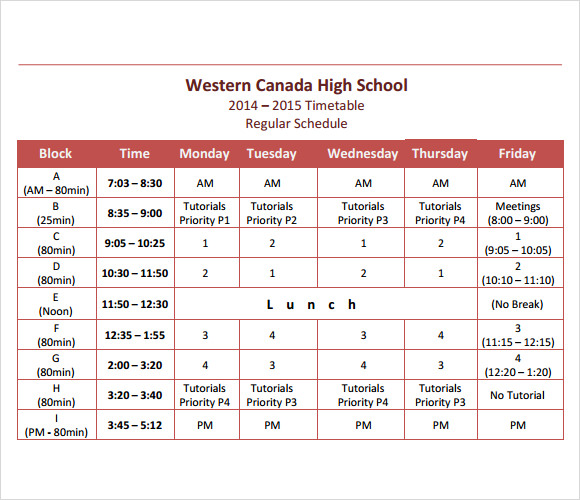 Sample Of Secondary School Timetable