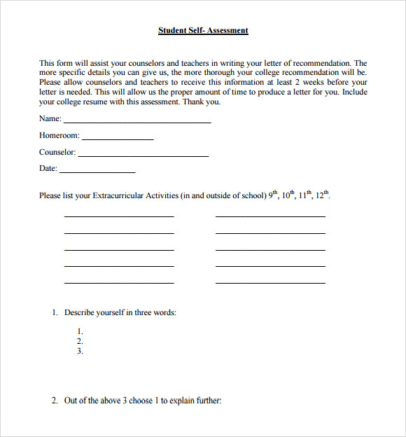 self assessment template for students