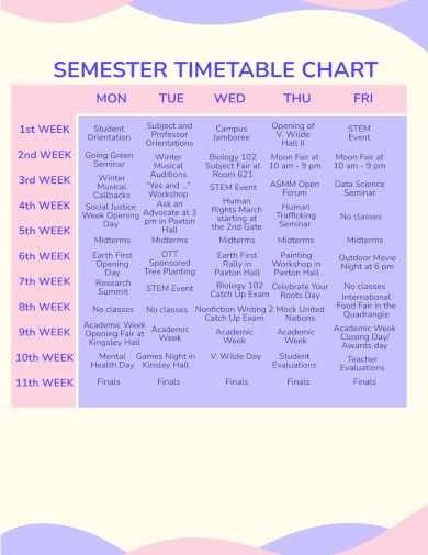 semester timetable chart template