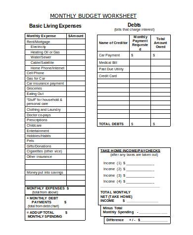 standard monthly budget worksheet