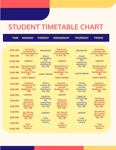 student timetable chart template