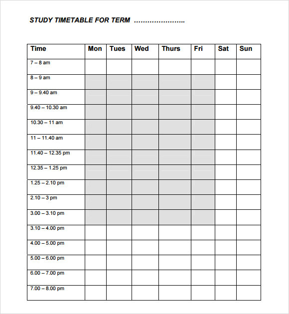 study timetable template