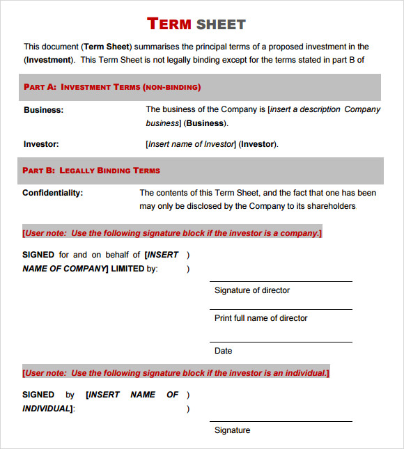 Term Sheet Template Microsoft Word