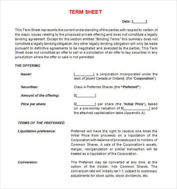 Simple Term Sheet Template Word