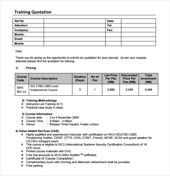 training quotation template