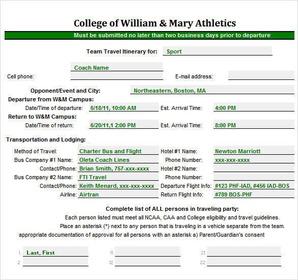 travel itinerary excel template