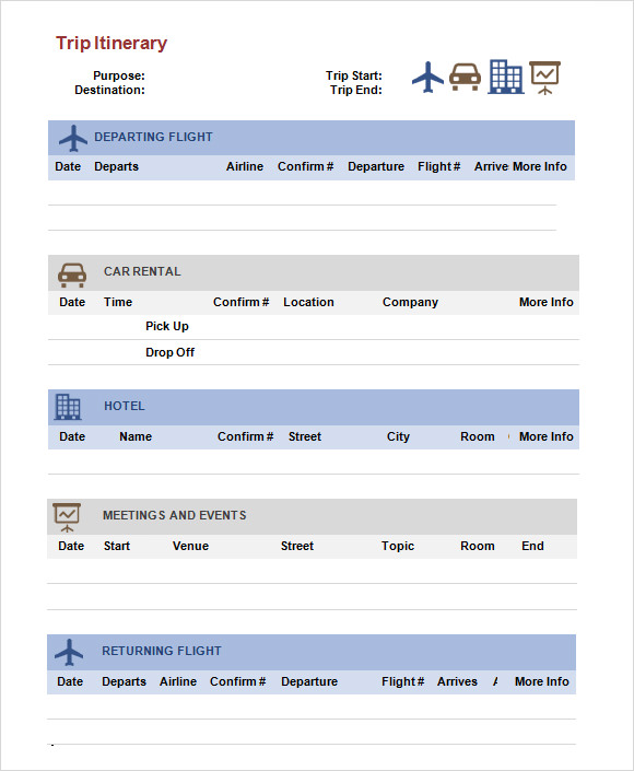 trip itinerary template word