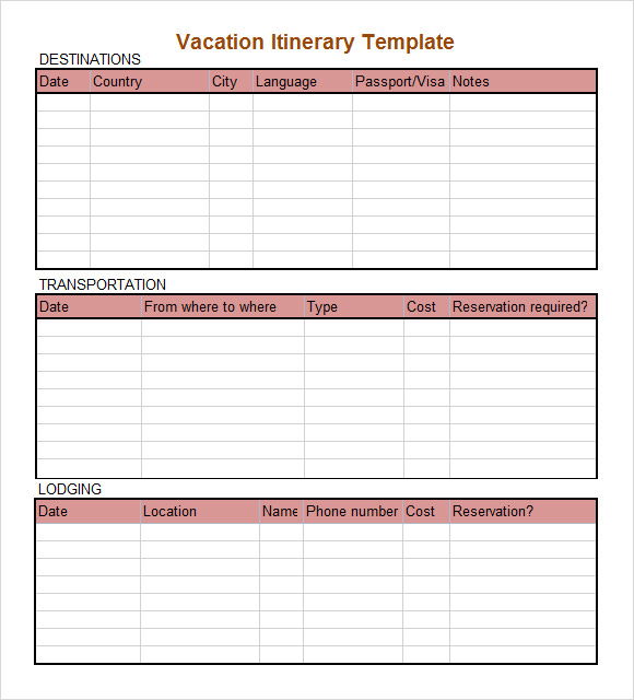 Free Vacation Itinerary Template Word