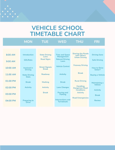 vehicle school timetable chart template