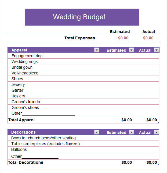 wedding budget spreadsheet pdf