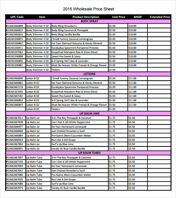 Wholesale Price List Example