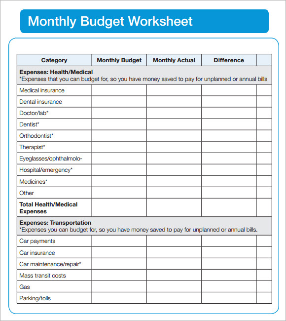 budget sheet monthly