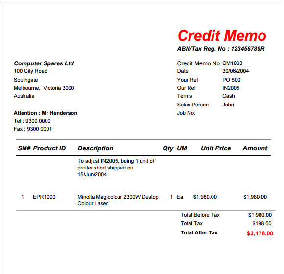 credit memo sample