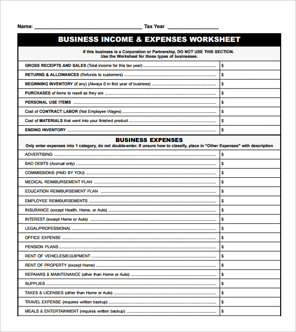 income and expense sheet