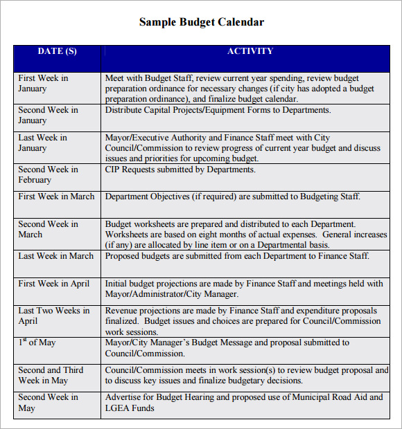 budget calendar template pdf