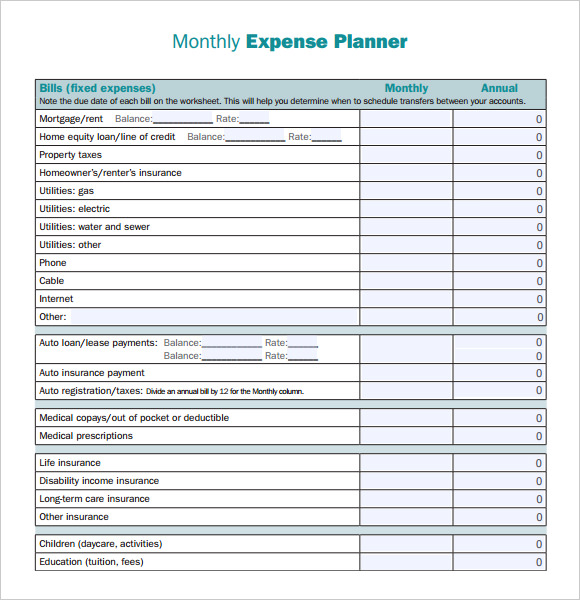 monthly expense planner sheet