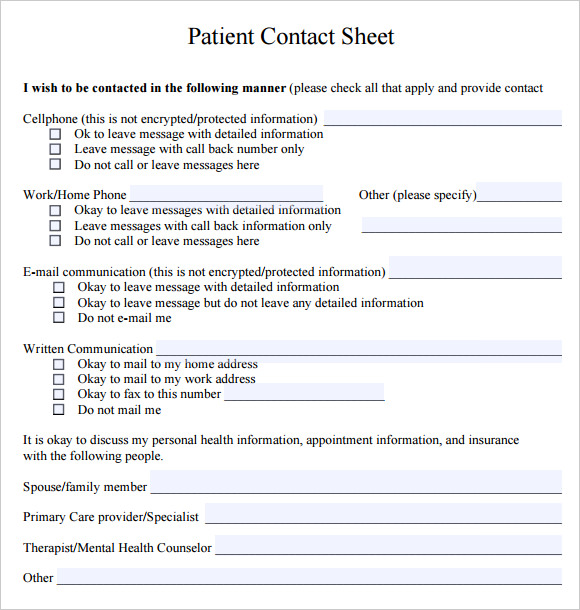 patient contact sheet example
