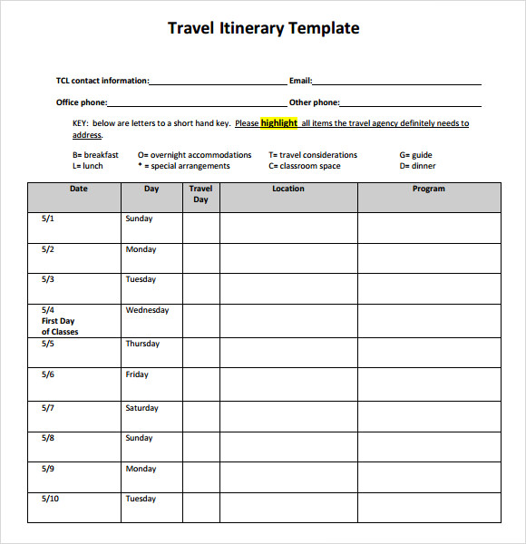 tourist itinerary sample