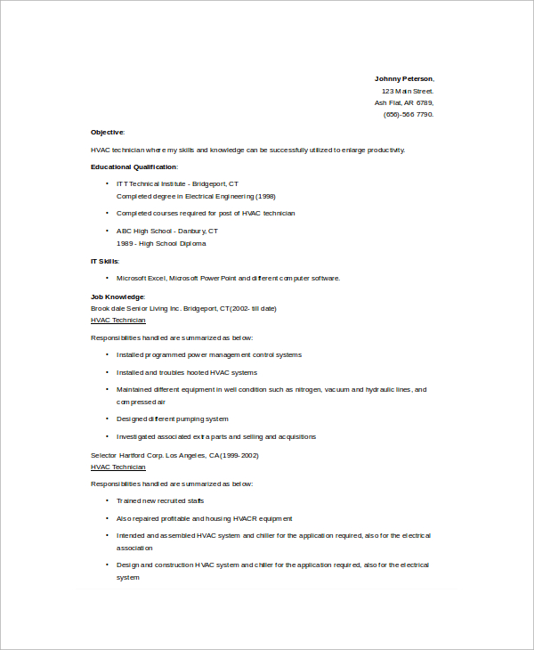 Sample Hvac Resume Template 6 Free Documents Download In Word Pdf