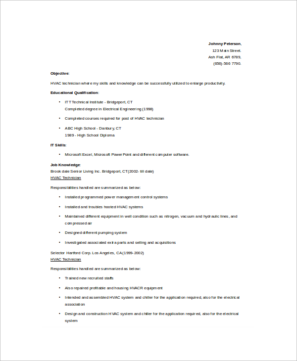 Sample resume for a c technician