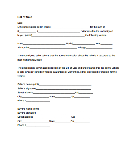 Pdf Printable Free Template Bill Of Sale For Car