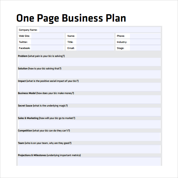 business plan 1 page template