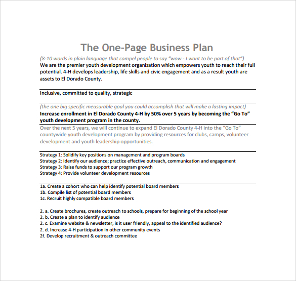 Free One Page Business Plan Template Template for Word, PDF