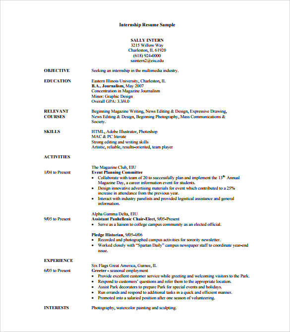 FREE 7  Sample Internship Resume Templates in PDF MS Word