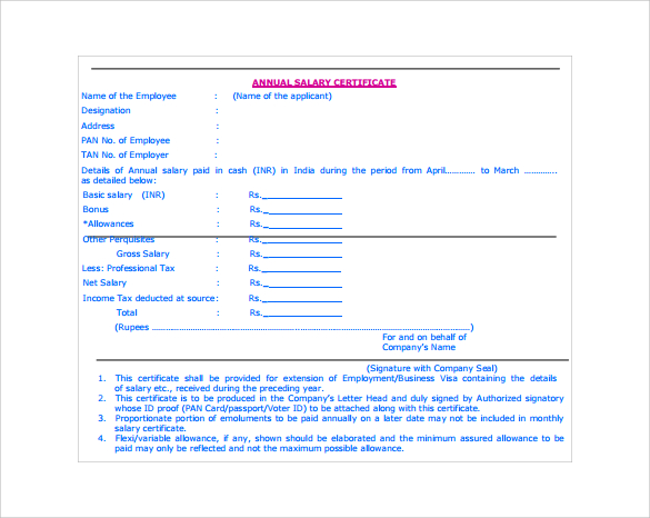 annual salary certificate free download in pdf