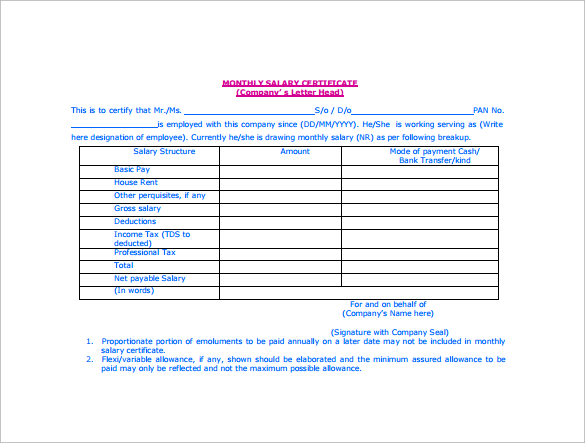 monthly salary certifictae pdf template free download